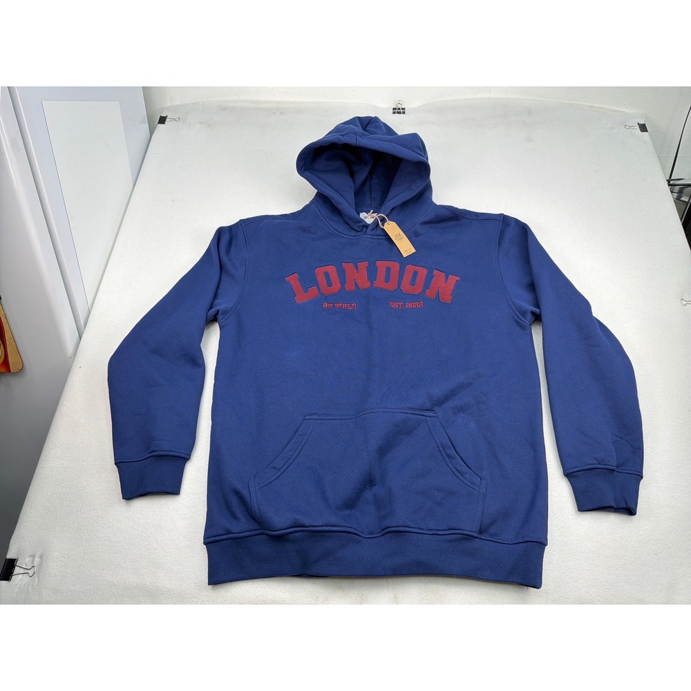 2K WRLD London Hoodie Mens 2XL Navy Blue Red Chenille Graphic Pullover Portugal